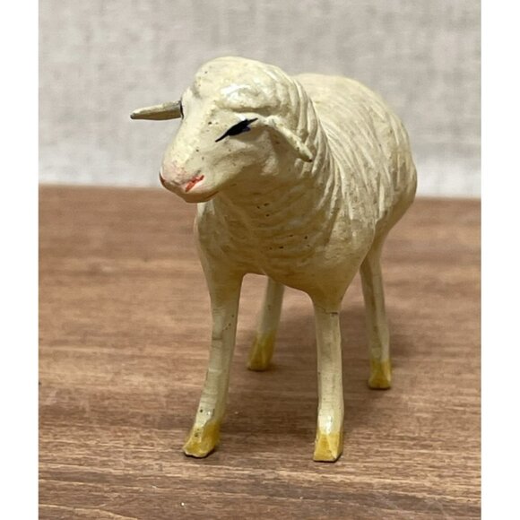 Antique German Putz Nativity Lamb Composition Crèche Figure 3 In Grazing Small - Picture 2 of 7